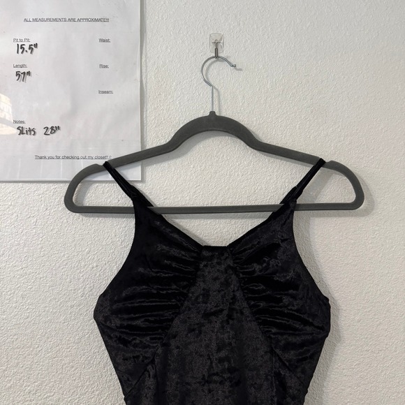 VTG Favlux Black Velvet Crushed Maxi Dress L Spaghetti Double Slits Witchy Goth - Picture 8 of 8